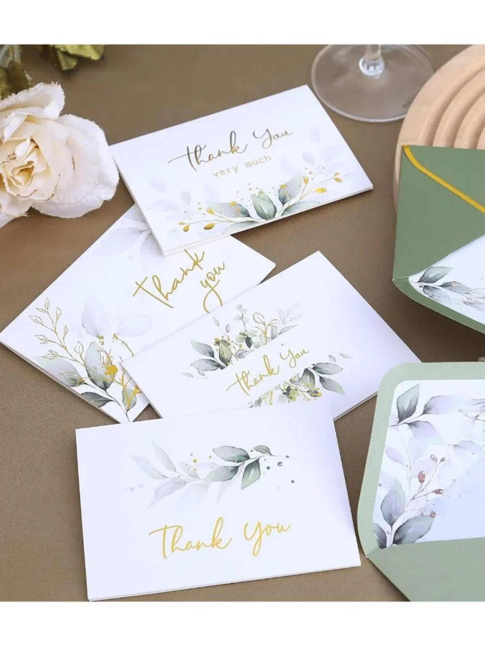 Luxurious Gold Thank You Cards - 100 Pack with Envelopes, Sage Green, Wedding